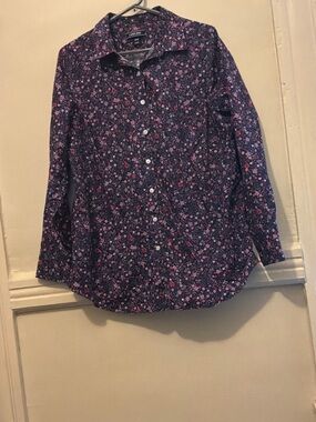 Lands' End Navy Button-Down Shirt No Iron Supima with Pink Floral Print